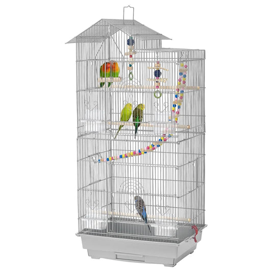 39"H Metal Large Roof Top Parrot Cage with Perches and Toys, Light Gray