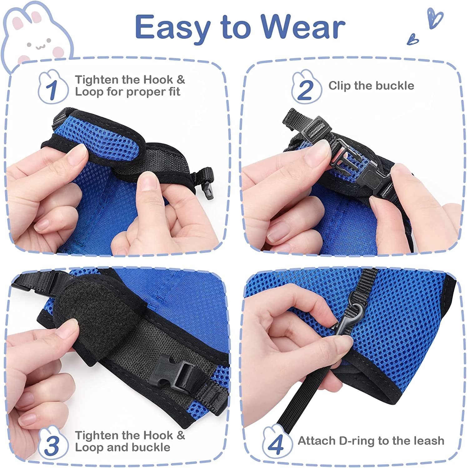 Bunny Rabbit Harness with Stretchy Leash Cute Adjustable Buckle Breathable Mesh Vest for Kitten Small Pets Walking (S(Chest:9.8-12.5 In), Blue)