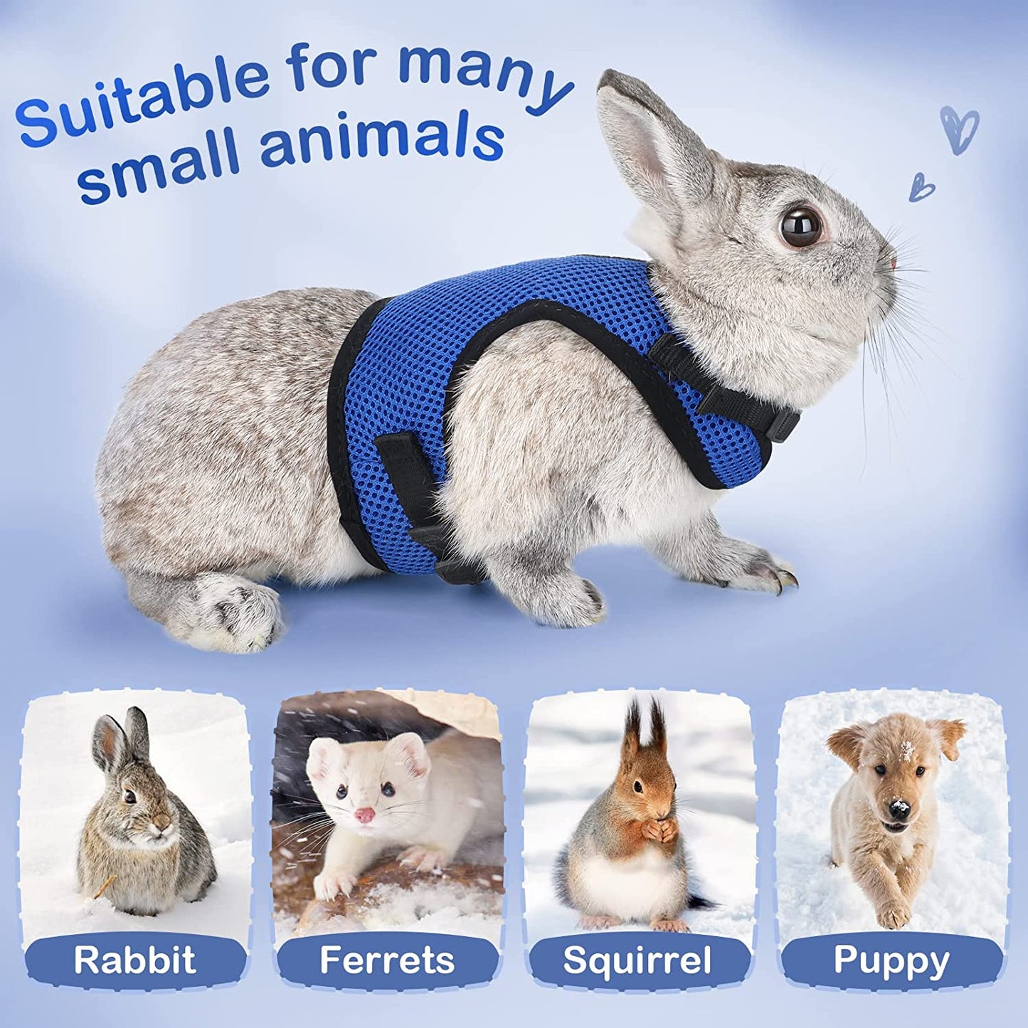 Bunny Rabbit Harness with Stretchy Leash Cute Adjustable Buckle Breathable Mesh Vest for Kitten Small Pets Walking (S(Chest:9.8-12.5 In), Blue)